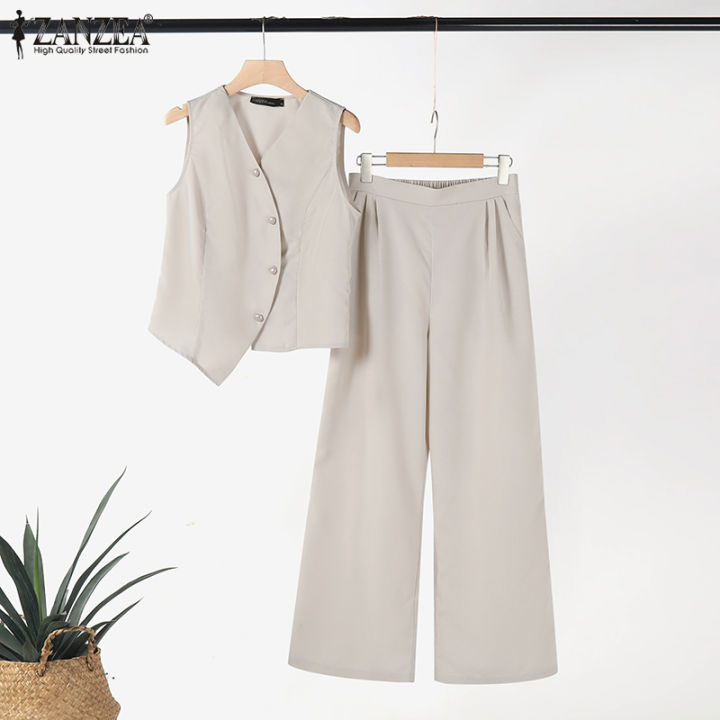 ZANZEA%20Korean%20Style%20Womens%20Work%20Elegant%20Sets%20V%20Neck%20Irregular%20Buttons%20Waistcoats%20Wide%20Leg%20Trousers%20Solid%20Suits%20#0918%20-%20Image%206