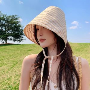 [W0306] หมวกกันแดดแฟชั่น หมวกทรงถัง ดีเทลมีสายผูกคาง ลายทาง นํ้าหนักเบา ใส่สบาย น่ารัก สไตล์เกาหลี