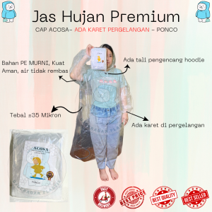 Jas Hujan Ponco Premium PE MURNI Bening Cap ACOSA Lengan Karet | Karet Pergelangan | Poncho | Mantol | Mantel | Raincoat | Rain Cover | Bambu | Joji | Merah Putih | Rajawali | Hugo | Rainwalk | 99 | HCS