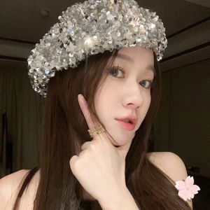 Female Silver Sequin Fashion Beret Topi Baret Korea Remaja Dewasa Painter Hat Big Head Cloud Hat
