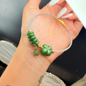 vòng tay nữ cỏ 4 lá ngọc bích tự nhiên mix đồng điếu ngọc bích vip và charm hồ ly ngọc bích vip bọc vàng tây vòng tay đá phong thủy trang sức thiết kế đủ hóa đơn thẻ bảo hành