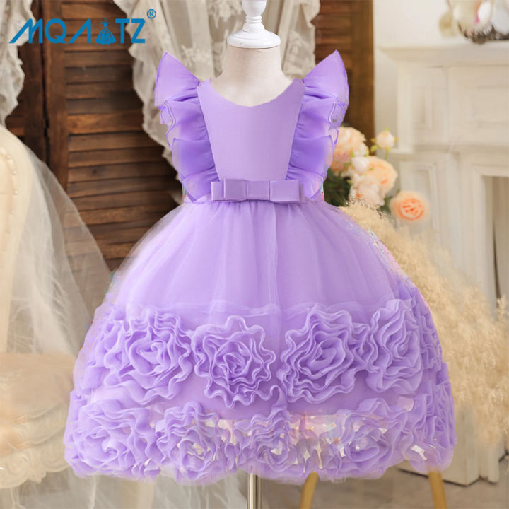 MQATZ Flower Baby Girl Dress Bow Purple For Kids Wedding Party Tutu  Princess Clothes Wedding Gown Children's Clothes Summer Birthday Party  Costume