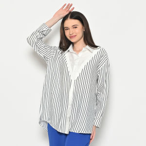 QUEENTIN Kemeja Casual Wanita 6003 Katun Silk Salur Kombinasi Polos Lengan Panjang