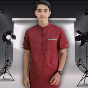 BAJU KOKO PRIA DEWASA MERAH MAROON POLOS LENGAN PENDEK KURTA PAKISTAN BY ANNUR BUSANA