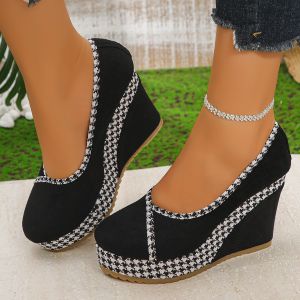 [Free Shipping] Velvet Plus-Size Wedge Heel Shoes 2026 Autumn Color-Block Plaid Shallow-Toe Low-Top WomenS Shoes