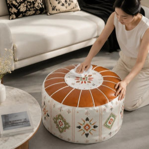 SVSAKZ168 PU Leather Sofa Stool Cover Boho Style Fillable Storage Leg Bench Foot Rest Round Leather Pouf Room