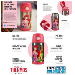 Authentic THERMOS FUNTAINER Disney Princess 12 Ounce Stainless Steel Vacuum Insulated Kids Straw Water Bottle