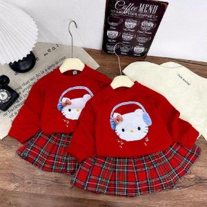 8-28kg_ Sét Áo Nỉ 2 Da in hình gấu chân váy kẻ đỏ sét bộ bé gái diện Noel Tết
