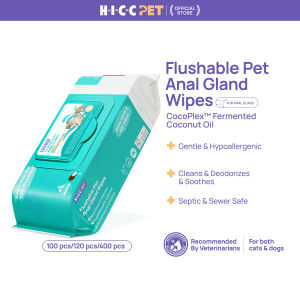 HICC PET Flushable Pet Anal Gland Wipes with Coconut Oil - Dog & Cat Grooming Wipes for Butt Packs of 100