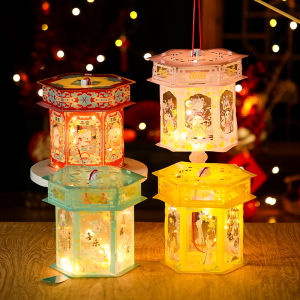 4Pcs Mid Autumn Festival Hexagonal Lantern with LED Light Handmade DIY Lantern Kids Gift Festival Decoration Night Light