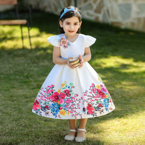 New Summer Kids Girls Party Dress Infant Toddler Bow Floral Printed V-back Flare Sleeves Holiday Christmas Newborn Baby Princess Dress with Head wear for 6 9 12 18 24 Months 1 2 3 4 5 6 7 8 Years Old