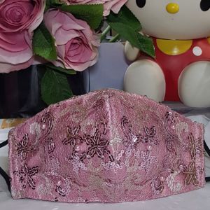 Masker Brukat Payet Baby Pink - Masker Brukat Cantik - Masker Pesta Cantik - Masker Kain Hias Cantik
