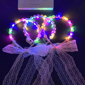 BYS Light Up Pearl Lace Headband Color Changing LED Hairband Glowing Hair Hoop Party Headwear Accessories [FREE BATTERY]