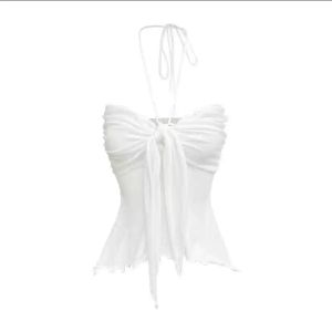 เสื้อเกาะอก เปิดไหล่ สีพาสเทล ดีไซน์ผูกมัดกลางอกปล่อยชาย มีสายผูกคล้องคอ ผ้ายืดหยุ่น เสื้อครอป #3037