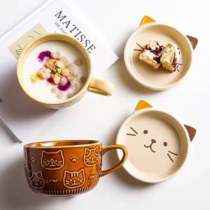 Japanese Cute Ceramics Mug Cartoon Mug Coffee Cup with Lid Kids Breakfast Cereal Cup Cat Mugs Dog Cups