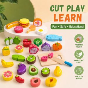 Baby‘s Mommy Wooden Cutting Food Toy Set Pretend Kitchen Play Fruit Vegetable Dessert Safe Durable Kids Gift