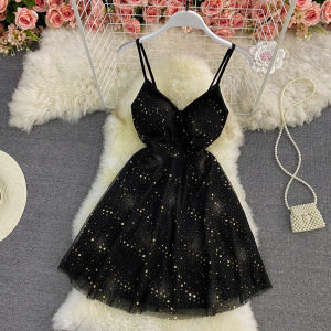 IELGY Off-the-shoulder mesh stitching sequins A-line Y dress women