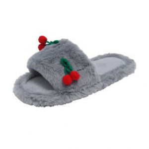 Free Shipping New Autumn And Winter Cute Cherry-Patterned Plush Slippers Fashionable And Warm With Added Lining For Extra Comfort Flat-Soled And Perfect For Indoor Wear