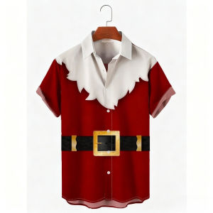 Hot selling Christmas shirts womens fashionable button printed cute Santa Claus shirts fashionable casual mens lapel shirts