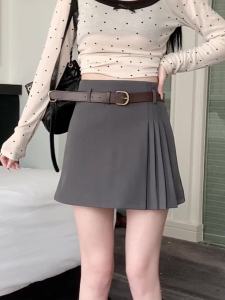 Ammin 2024 Mùa Xuân/Mùa Hè Phong Cách Hàn Quốc eo cao hông mỏng và chống trượt màu xám phù hợp với xếp li A-line váy với vành đai
