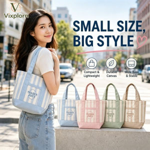 Vixplorn Mini Canvas Tote Bag Striped Zipper Small Shopping Handbag Lunch Bag Crossbody With Pockets