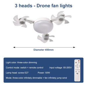 Drone Ceiling Fan with Light and Remote for Living Room Mute Ceiling Fans Modern Design Electric Fan Bedroom Kitchen Office E27 3 Color Silent 3 Speed Wind Timer 4 Foldable Fan Heads Energy-Saving