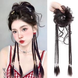 IVAOU Synthetic Ball Head Wig Ponytail Hairpiece Flower Bud Head Twist Braid Wig Bun Fasion Elastic Scrunchy Messy Curly Chignon Women