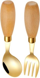 Kids Spoon and Fork Set 2Pcs Stainless Steel Toddler Silverware with Short Handle Curved Fork and Spoon for Self Feeding and Lunch