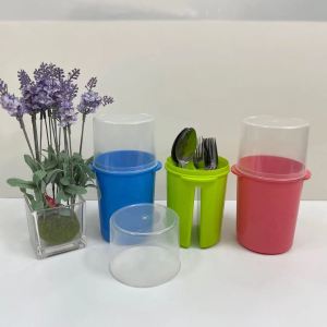 Round Plastic Spoon and Fork Holder With Cover/Round Silverware Holder Kitchen Set Canister Organiser