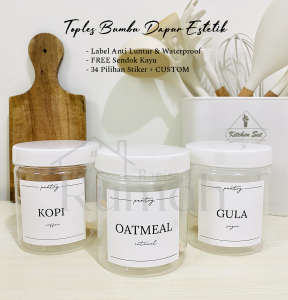 Toples Plastik Bumbu Dapur Estetik Tutup GOLD/PUTIH 600 ml - FREE Stiker & Sendok Kayu