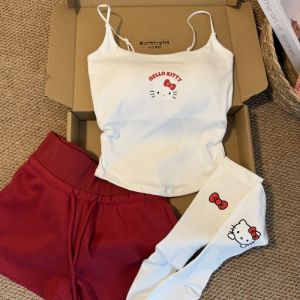 Sweet Girl Strap Sanrio Hello Kitty Sleeveless Tank Top for Summer Hot Pants Socks Y2k Womens Clothing Streetwear Girls Gift