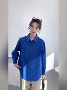 AMMIN Korean Style Klein Blue Shirt for Women 2025 Autumn High-end Color-blocking Button Single-breasted Design Retro Long Sleeve Lapel Elegant Blouse