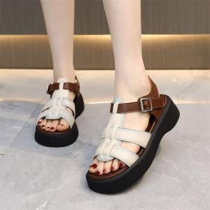 Women Wedge Sandals Leather Thick Sole Soft Sole Summer 2026 New Korean Popular Versatile Casual Roman Sandals