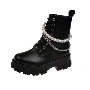 PINKEY P261 Sepatu Boots Wanita Sepatu Martin Tinggi Sebetis Ori/Black