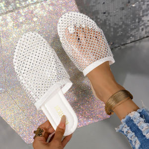 [Free Shipping] Plus-Size Fishnet Slipper Sandals For Women New Summer Style With Rhinestones Flat-Soled Sandals