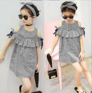 Pakaian Anak Balita Perempuan Dress Stripe Off Shoulder Kid