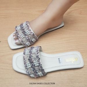 Sandal Slop Slip On Flat Teplek Wanita Variasi Mutiara Kriting Terbaru Modis Kekinian | Sendal Kteplek Flip Flop Selop Casual  Perempuan Dewasa  Warna Hitam Moca Krem Ping