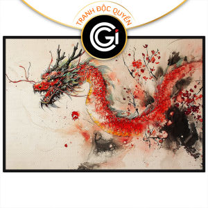 Tranh thủy mặc màu nước rồng đỏ phong thủy hoa đào mừng xuân. Tranh treo tường dán tường.CGI-2043