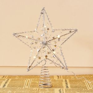 HUANG Vàng/Bạc Ngôi sao trên Cây giáng sinh LED Sắt Dạ Quang Đồ trang trí trên Cây giáng sinh Trang trí nhà giáng sinh Lấp lánh Đồ trang trí Cây giáng sinh Năm mới