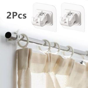 2pcs Nail-Free Adjustable Curtain Rod Holder Hooks /Self-adhesive Wall Mount Curtain Pole Wall Brackets/waterproof Fixed Clip Hanging Rack /Wall Hooks Drapery Pole & Fixings for Bathroom Kitchen Home Bathroom