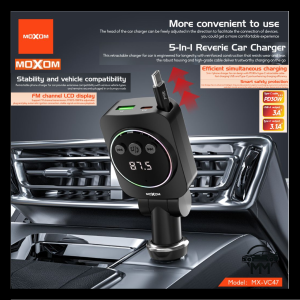 MOXOM VC47 45W 5-In-1 Reverie Car Charger FM TRANSMISSION LCD DISPLAY BUILD TYPE C CABLE FAST CHARGE