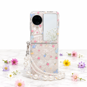 [Clover 2020] Ốp lưng Oppo Find N3 Flip nhựa cứng hoa gợn sóng + vòng tay giả ngọc trai
