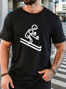 Male skier holding beer pattern summer casual crew neck short T-shirt