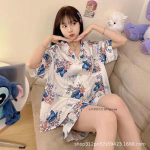 Kawaii Summer 2Pcs Stitch Woman Pajamas Kawaii Anime Sanrio Cartoon Short Sleeve Loose Casual Pajamas Girl Short Sleeve Homewear