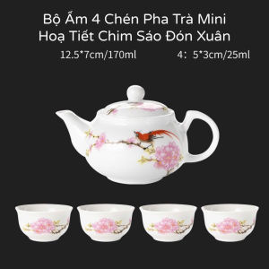 Bộ Ấm 4 Chén Pha Trà Mini Men Sứ Trắng Hoạ Tiết Chim Sáo Đón Xuân - Trúc Báo Bình An
