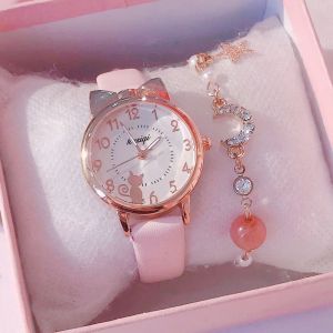 Đồng hồ thời trang nữ Kasiqi KQ22 họa tiết mèo dể thương dây da mềm êm tay phong cách Hàn Quốc - mixline