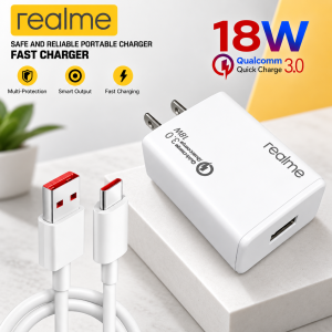 BEST P P : FCHARGER SET Original Realme 18W Fast Charger Qualcomm Quick Charge 3.0 USB Wall Charger WITH TYPE C AND MICRO USB CABLE