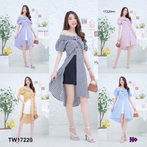 TW17220 set 2 ชิ้น เสื้อตัวยาวลายสก็อตแขนพอง + กางเกงขาสั้น