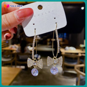 [Có video] Bông tai nữ kiểu đính đá nơ dáng dài đính đá trang trí lấp lánh họa tiết nơ nhỏ và đá trang trí màu lavender BSTKL- [NaLa Shop]