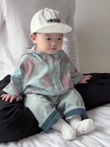 Boys spring and autumn outfit Korean-style hooded jacket for infants and toddlers trendy versatile top set for boys and girls to wear out